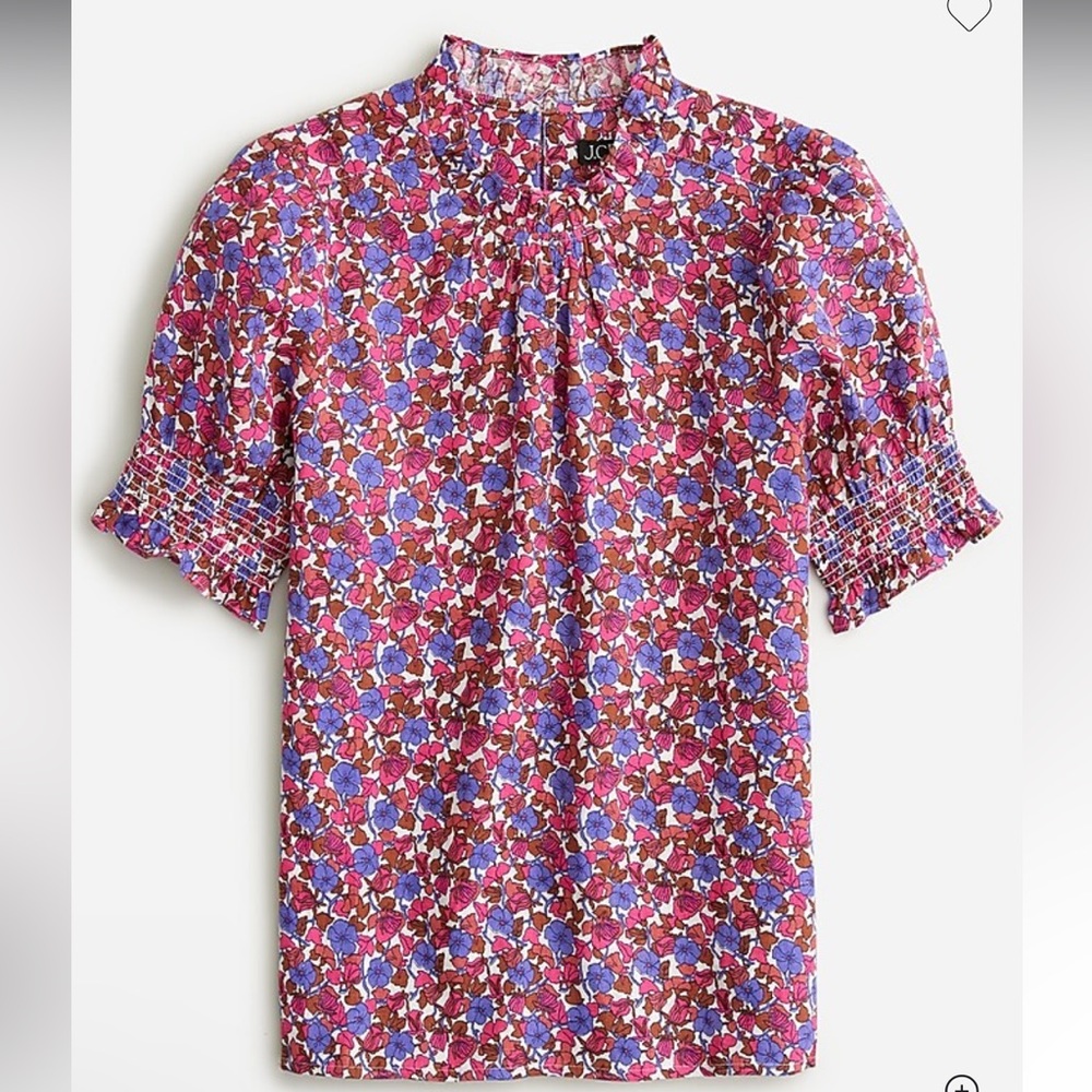 J. Crew Smocked linen puff-sleeve top in berry floral Size S
